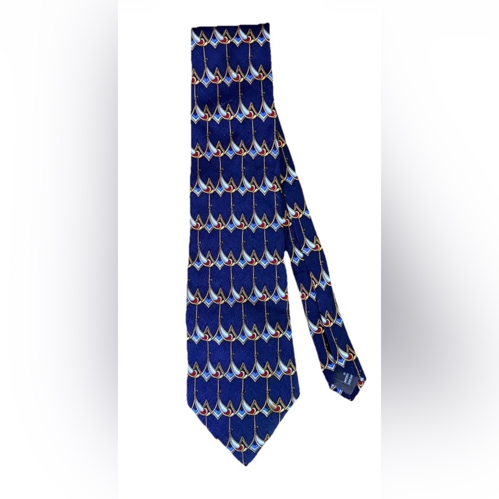 Christian Dior Cravate Silk Necktie Navy Blue Geometric Scallop Made Canada - Picture 2 of 7